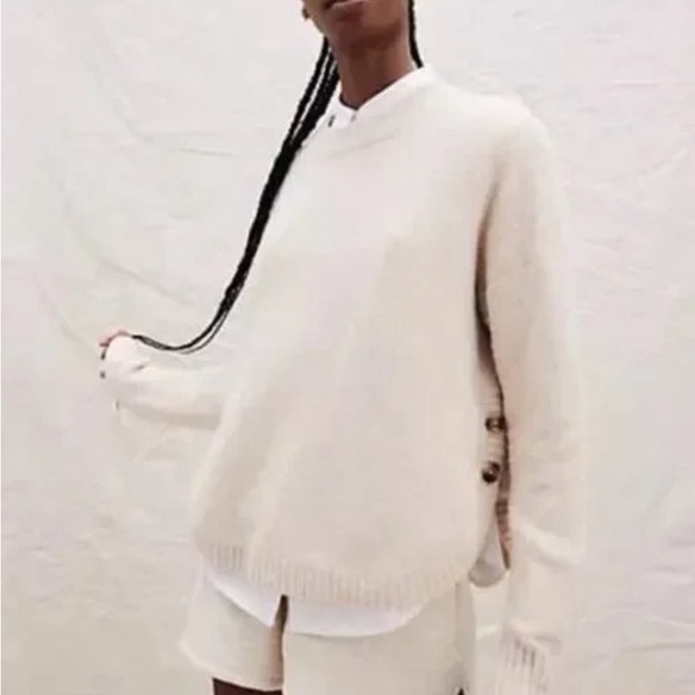 Madewell Cream Crewneck Sweater (birchmont side button pullover)